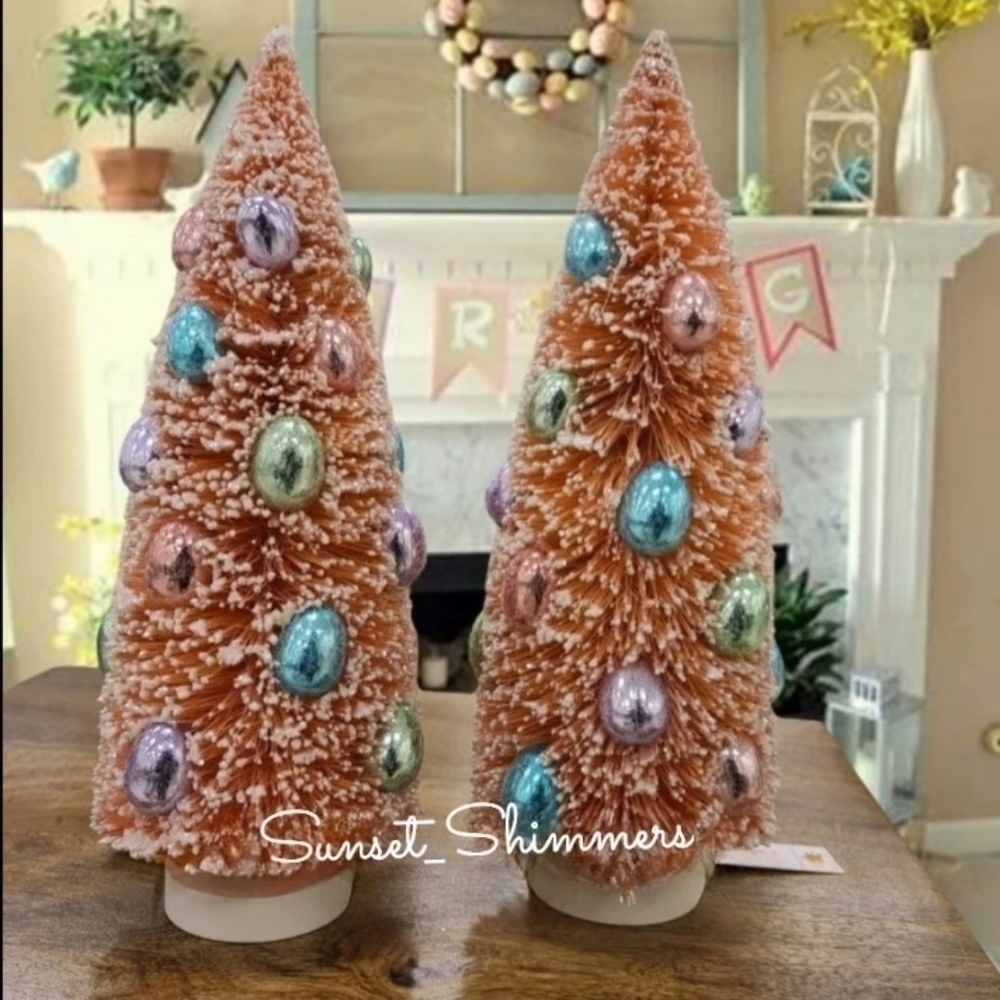 2 Bella Lux Easter Faux Chocolate Foil Egg Glittered Bottle Brush Tree Decor 12"